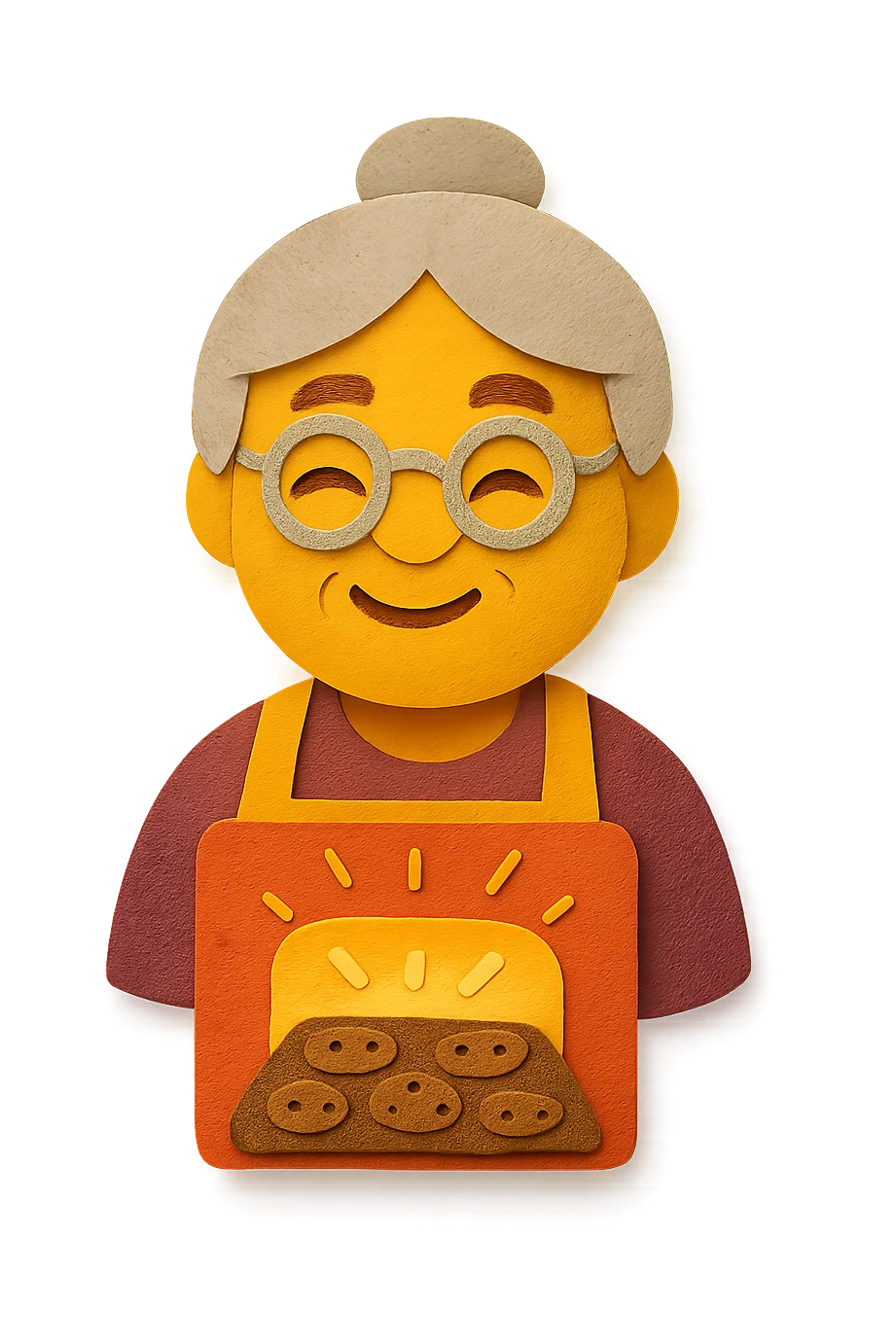 Portrait of a proud grandma wearing a golden apron, standing in front of a glowing oven, cookies baking inside, magical warmth, emoji-style emoji