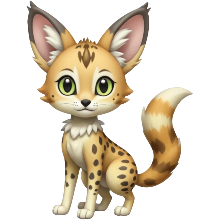 Big-eared big-eyed cute realistic animalistic feral digitigrade 4-legged anime-styled Meloetta-Trico-Vernid-Sergal-Serval-hybrid-fusion-creature-animal, full body emoji
