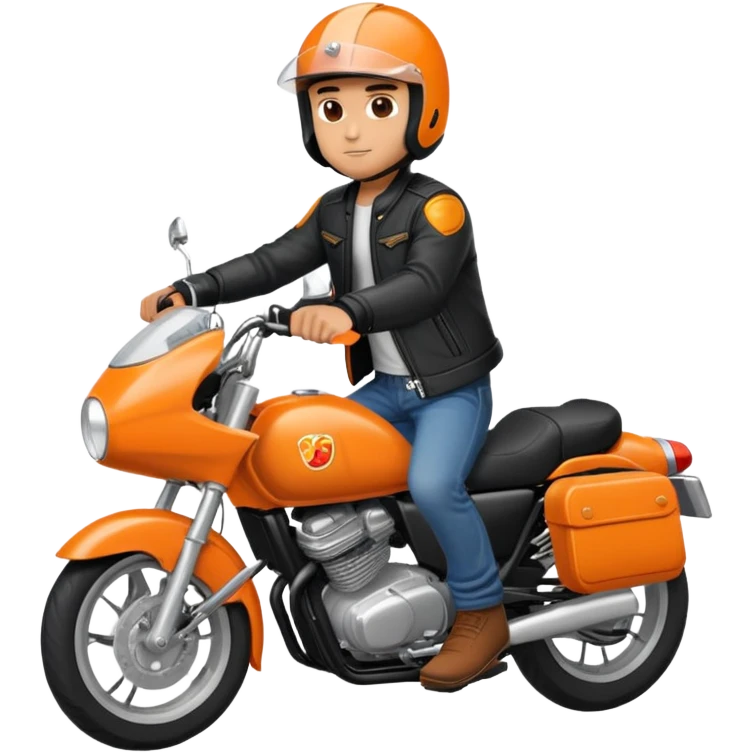guy riding orange motorcycle with black helmet and jeans and black jacket  emoji