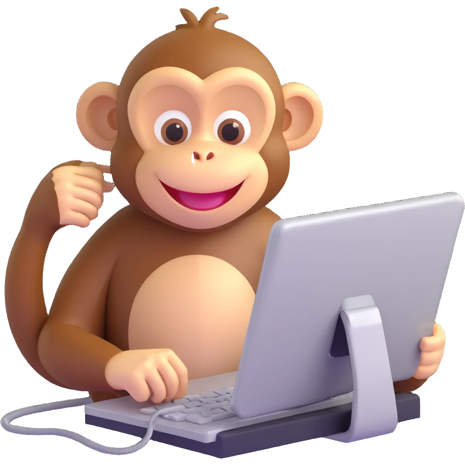 a monkey playing computer, smiling, fun and friendly style emoji