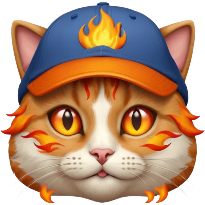 Cat with the flames in his eyes with a orange baseball hat in emoji