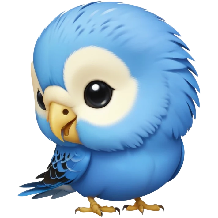 cinematic-cute-blue-budgie-portrait-emoji,-head-tilted-playfully-and-inquisitively,-featuring-a-brilliant-blue-feathered-fur-and white and black face-with-a-natural-sheen,-round,-sparkling-dark-eyes-filled-with-curiosity,-simplified-yet-irresistibly-adorable emoji