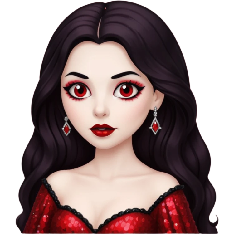 Bride of Dracula with long dark brown hair, red sequin outfit emoji