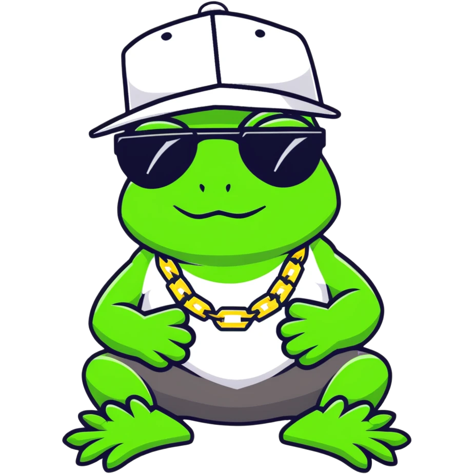 thug life frog with pixelated black sunglasses, gold chain, snapback hat, tough gangster pose emoji