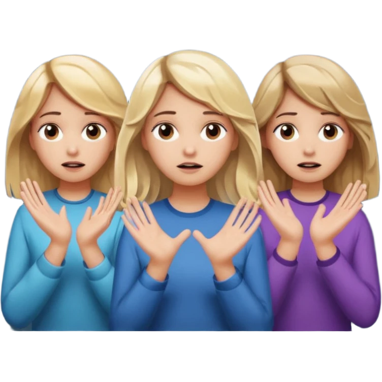 3 girls : one with wavy blond middle length hair, one with long straight long hair, one with dark blond middle length hair,  the girl in the center is puzzled with her hands to her head, question marks on the background emoji