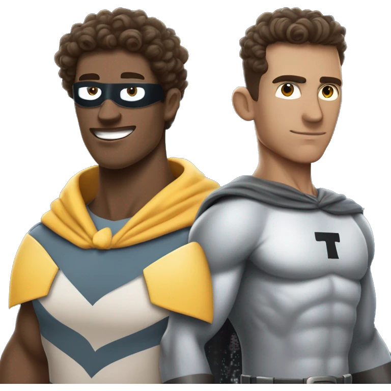 curly brown hair man and pigeon man with letter 'T' on the chest crossover into   single superhero character. emoji