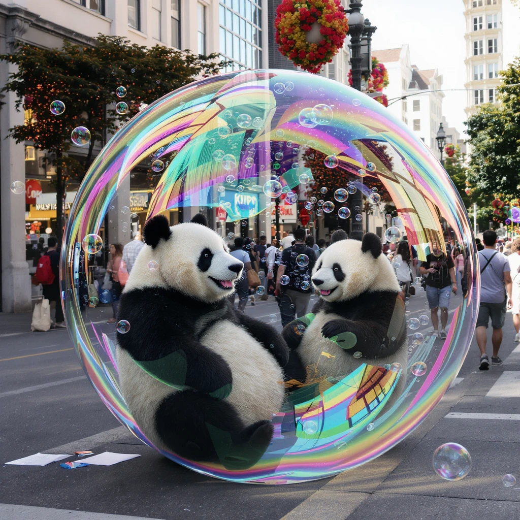 Cinematic still pandas bears sitting inside bubbles flying around San Francisco downtown, sunny summer day, happy vibe, colorfull surround, rainbow emoji