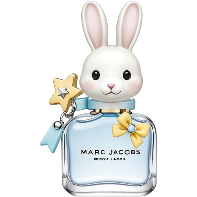 Create an emoji of a clear perfume bottle labeled ‘Perfect Marc Jacobs’ with a silver cap topped with fun charms: a silver star, white bow, yellow ring, blue rabbit, and domino tile. Soft pastel colors, cute and playful style emoji