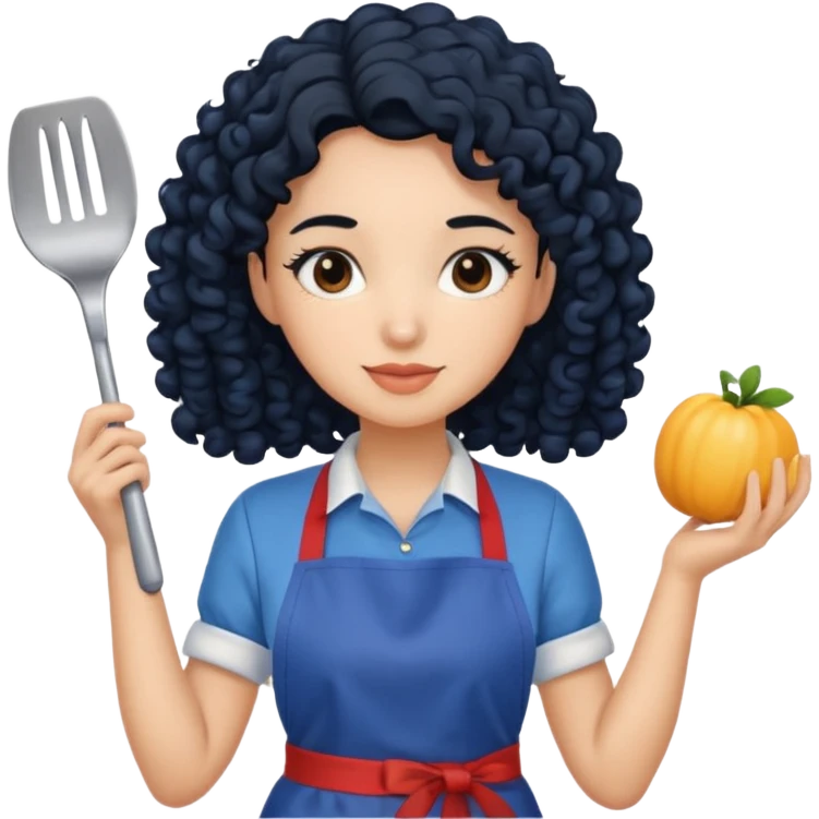 woman with curly black hair in blue apron emoji