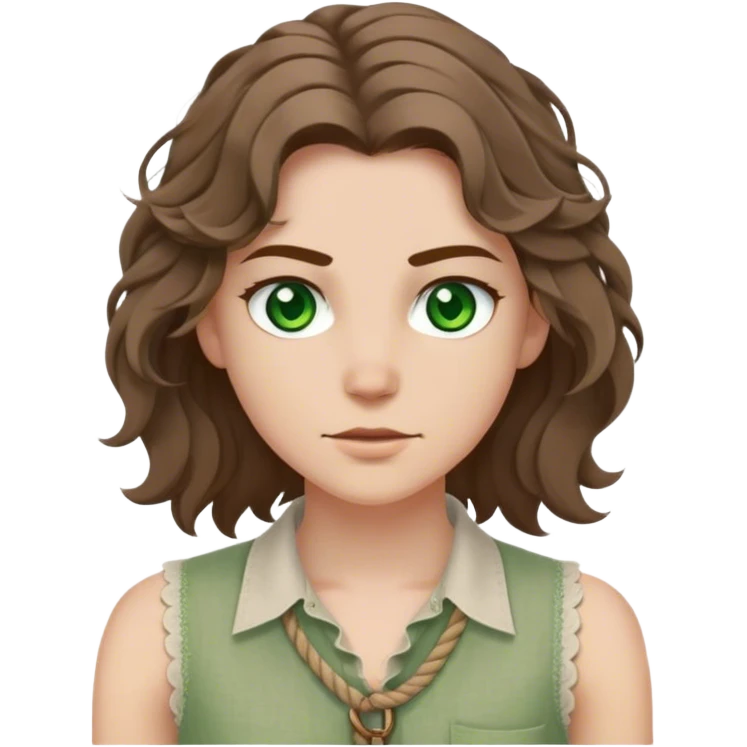 medieval summer outfit worn by a DnD themed fantasy character. basic sleeveless linen shirt with a laced neckline and a simple rope belt. clothes only above the waist. The clothes full waist. The character's haven't arms. character is white-skinned, brown hair, green eyes, shoulder-length wavy hair. emoji