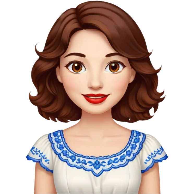 Professional woman at 40 with bright complexion, round face, big lively light brown eyes, wide friendly smile, vibrant red lips, voluminous wavy dark brown hair to shoulders, white summery dress with blue embroidery and electric blue neckline emoji