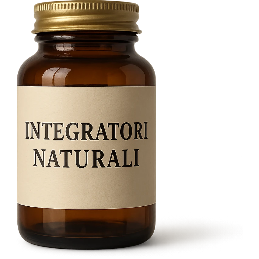 hyper realistic bottle with label 'Integratori Naturali', realistic details, clean atmosphere, natural colors, white background emoji