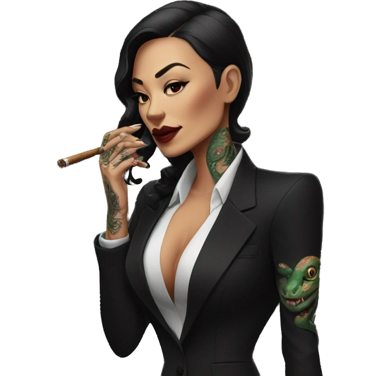 A mafia boss with a snake tattoo on the right side of her face, in a black suit and with a cigar in her mouth emoji