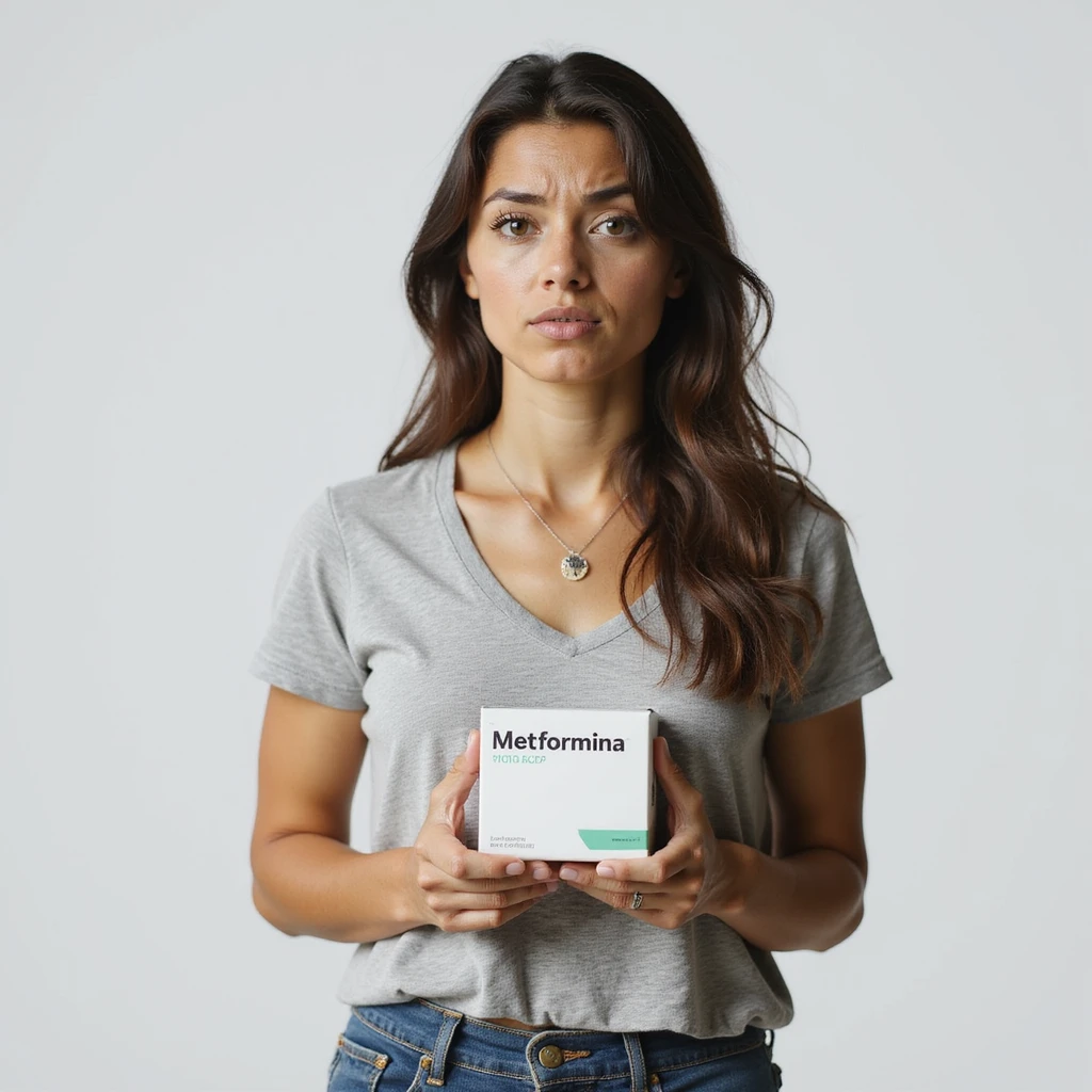 hyperrealistic 4K vertical 9:16 image of a woman with PCOS or insulin resistance standing on isolated white background, holding a box of Metformin with the word 'Metformina' clearly visible, expression disappointed or frustrated emoji