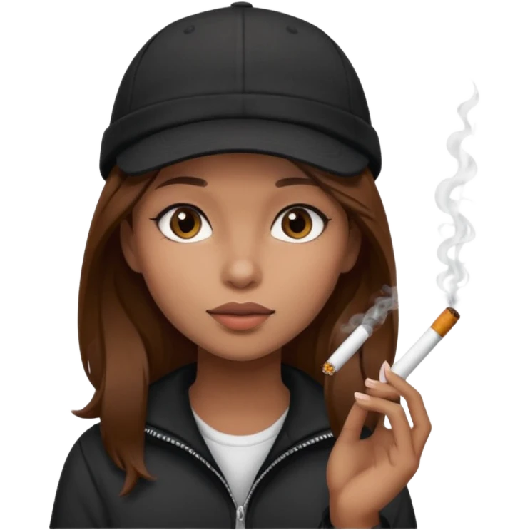 A girl with brown hair with a cigarette and a black cap emoji