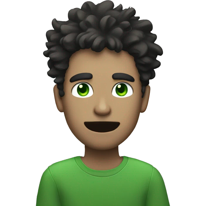 Man with messy hair and square jaw holding black and white kitty with green eyes emoji
