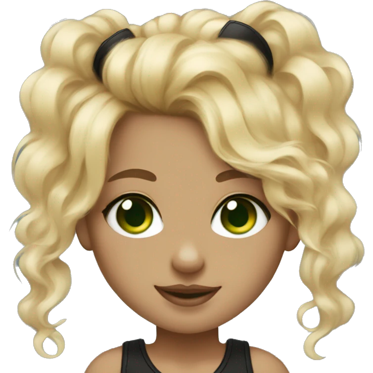 Girl with curly and blonde hair, with green eyes, two nose piercings with a black and white Pomerania  emoji
