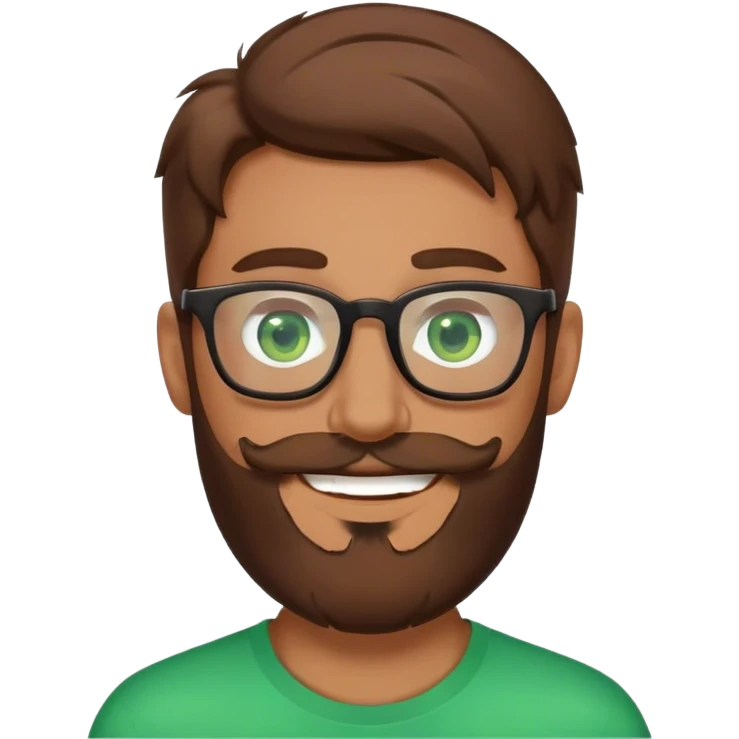 Superman with brown hair, a beard, and glasses on. Eyes are green. Happy face emoji