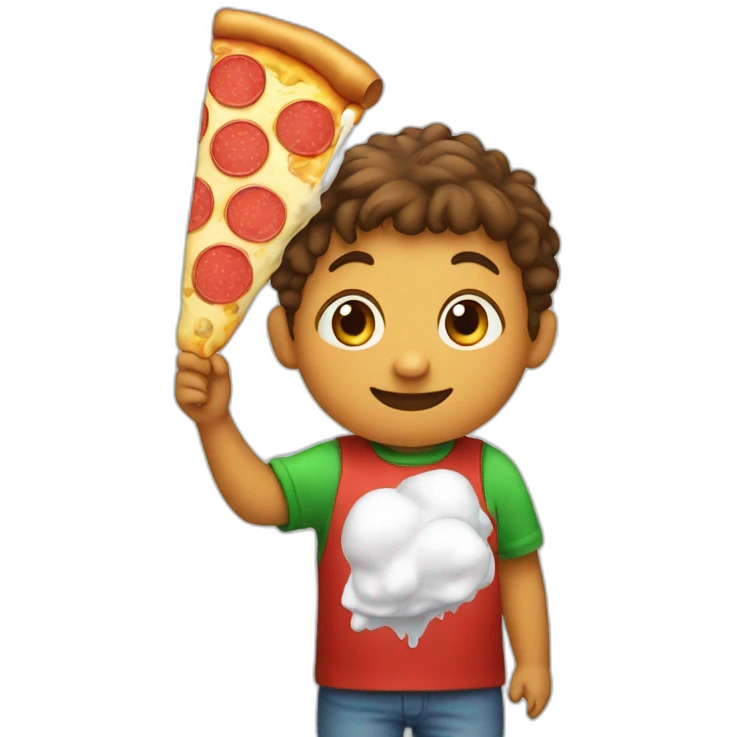A kid with a pizza balloon eating an ice cream emoji