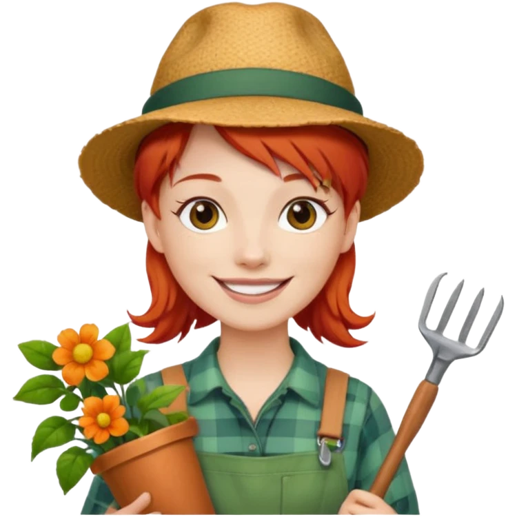 red hair gardener holding gardening tools, with hat emoji