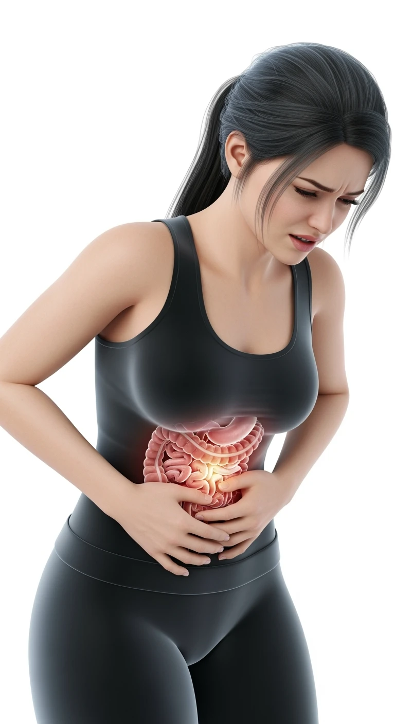 DONNA CON MAL DI PANCIA E INTESTINO UMANO ANATOMICO VISIBILE, IPERREALISTICO 4K, SFONDO BIANCO emoji
