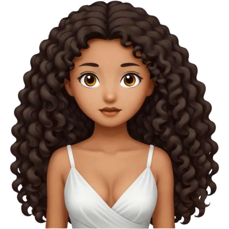 Dark tanned skin girl with very dark brown very long curly hair, very dark Asian eyes, white dress at neckline  emoji