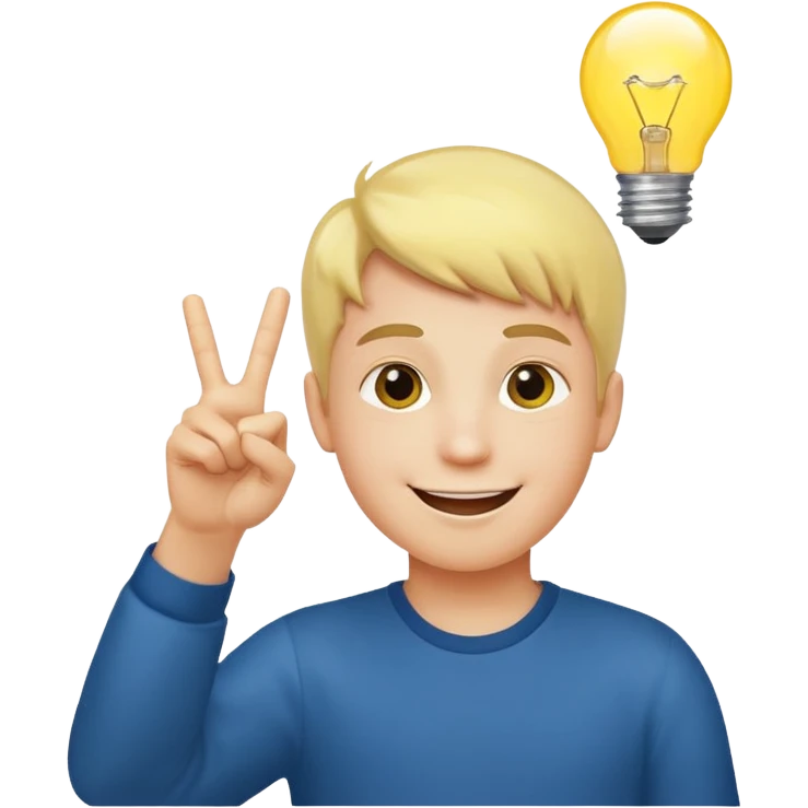 A boy with smily face with victory sign and bulb is glowing above face emoji
