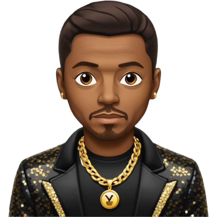 Keith Sweat (b.1961) with dark brown hair, black sequin jacket, black shirt with necklace emoji