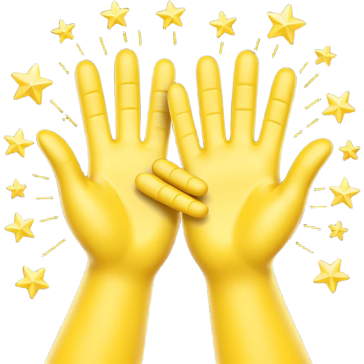 A 3D digital emoji of two yellow cartoon hands doing a joyful high five, palms clapping together in the air, with bright sparkles and motion lines to show excitement and celebration, Apple emoji style emoji