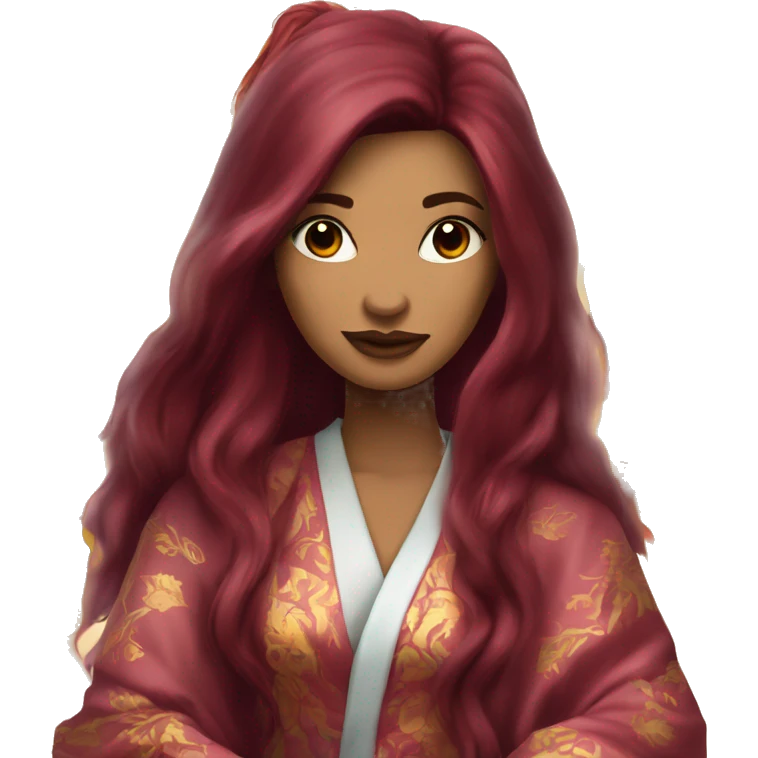 Beautiful tattooed burgundy long haired woman in silk robe emoji