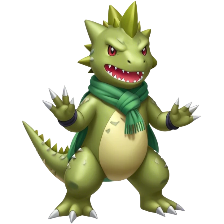 Shiny Cool Sparkly Cute Tyranitar-Fakemon-hybrid-fusion with a scarf full body emoji