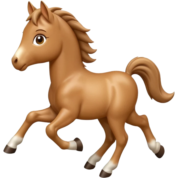 3D Apple-style emoji of a running foal. Small young horse with light brown body, short mane, big eyes, rounded and glossy, smooth shading, white background.

 emoji
