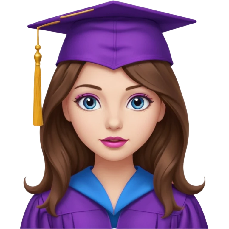 girl with long wavy brown hair, blue eyes, long lashes makeup, sexy pink lips, wearing a purple graduation cap and gown emoji