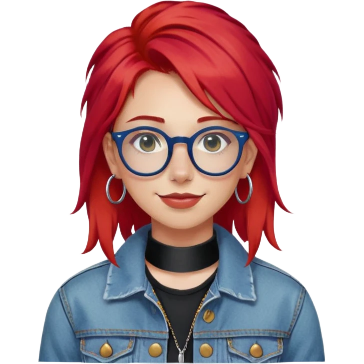 front-facing young woman, bright red hair, blue glasses, black choker, septum ring, denim jacket, subtle smile, olive white skin emoji