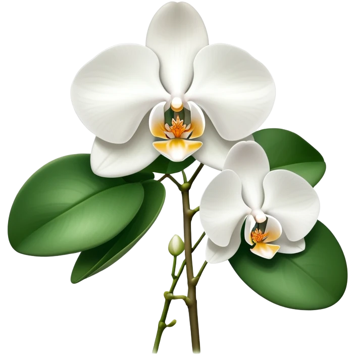Elegant phalaenopsis moth orchid with white blooms and two visible green leaves at the base emoji