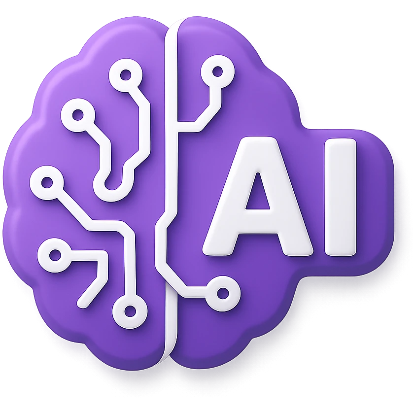 AI icon, abstract brain with circuit patterns, purple and white color scheme, 3D style emoji