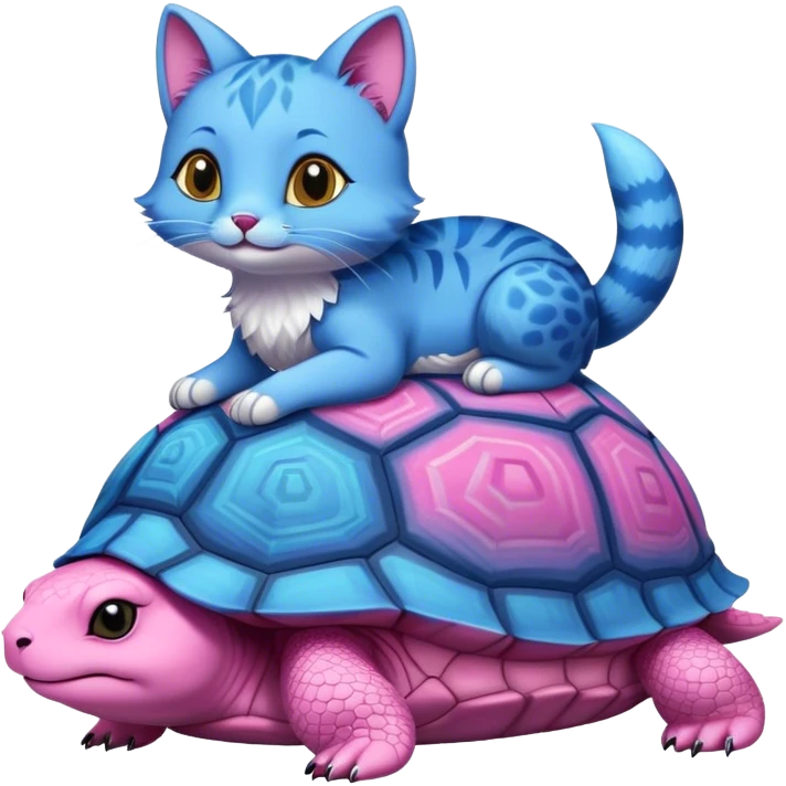 A blue cat turtle on top of a pink fox turtle emoji