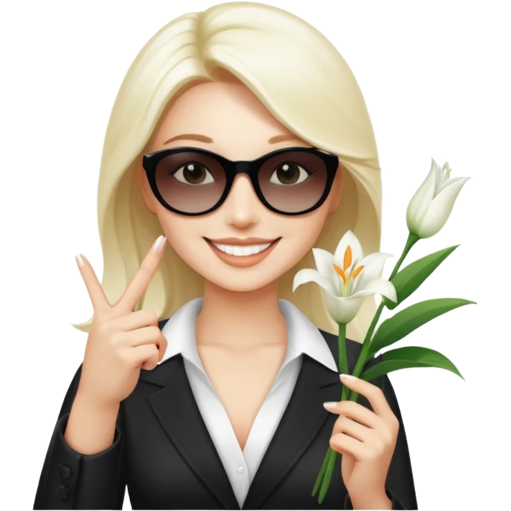 Professional sexy woman smiling holding lilies posing in shades  and flashing peace sign fingers emoji