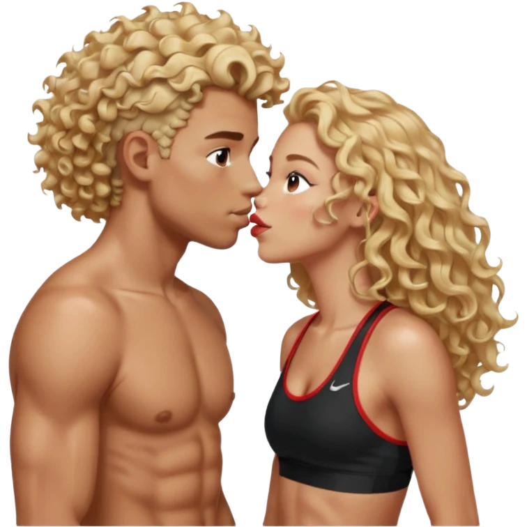 athletic man, high top fade, blonde curly hair only top only, no shirt and Athletic girl with long light red wavy long hair and black sports, Put them together kissing, or holding hands emoji