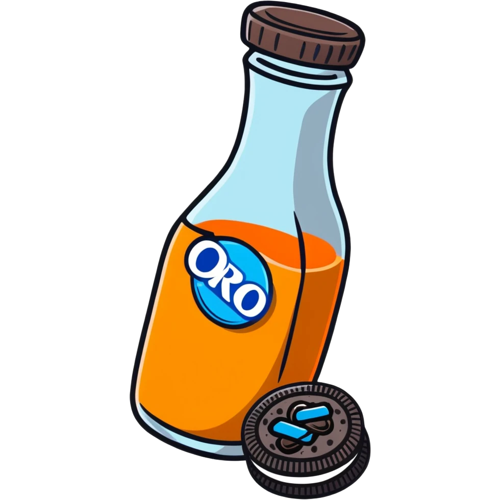 orange juice bottle being cut in half by Oreo cookies emoji