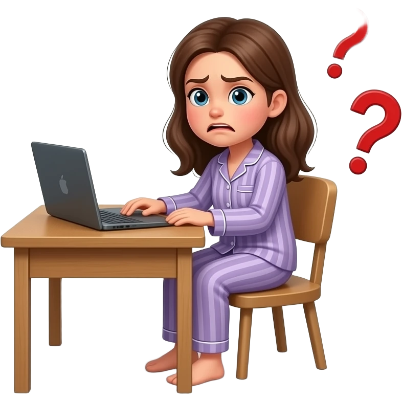 a girl in her pajama sitting at the desk turning around to us with disgusted expression and raised eyebrows - around her there are red question marks in the air and the red phrase also in the air: Ruslan emoji