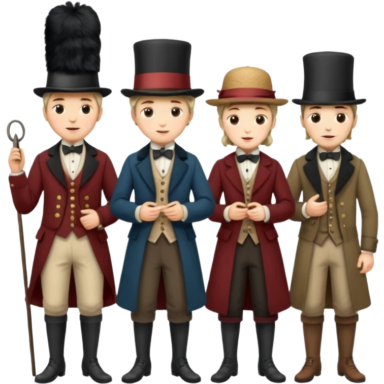 group of 19th century people, full body, period-appropriate clothing and hats, standing together, expressive faces, no text emoji