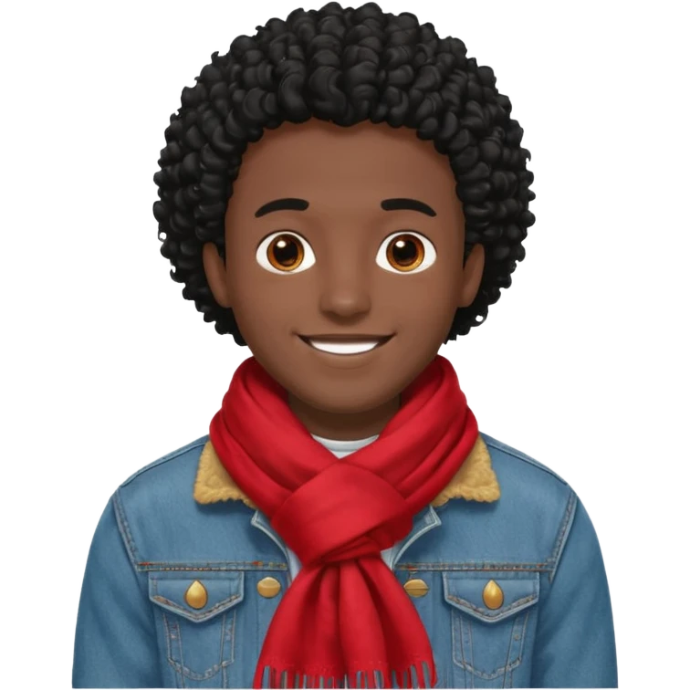 black skin man, curly black hair wear big red scraft, jean jacket emoji