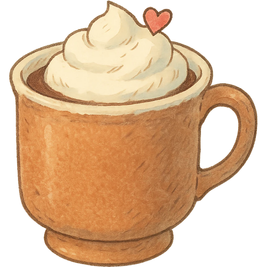 a cup of cocoa with whipped cream, Japanese soft pastel hand-drawn style, full object, transparent background, with a tiny heart on the cream emoji