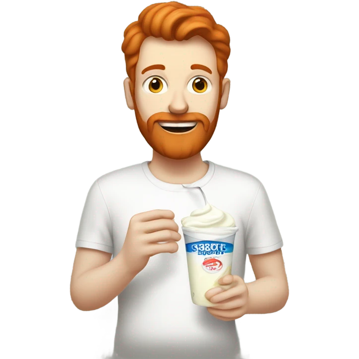 Tall white man short red hair and beard eating a vanilla yogurt from a long plastic baggie emoji