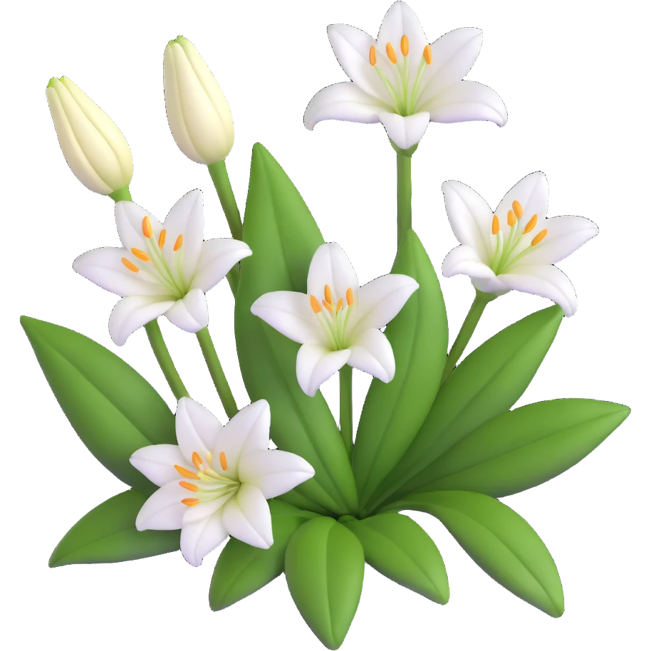 detailed white lily with six petals, a closed bud, and several green leaves emoji