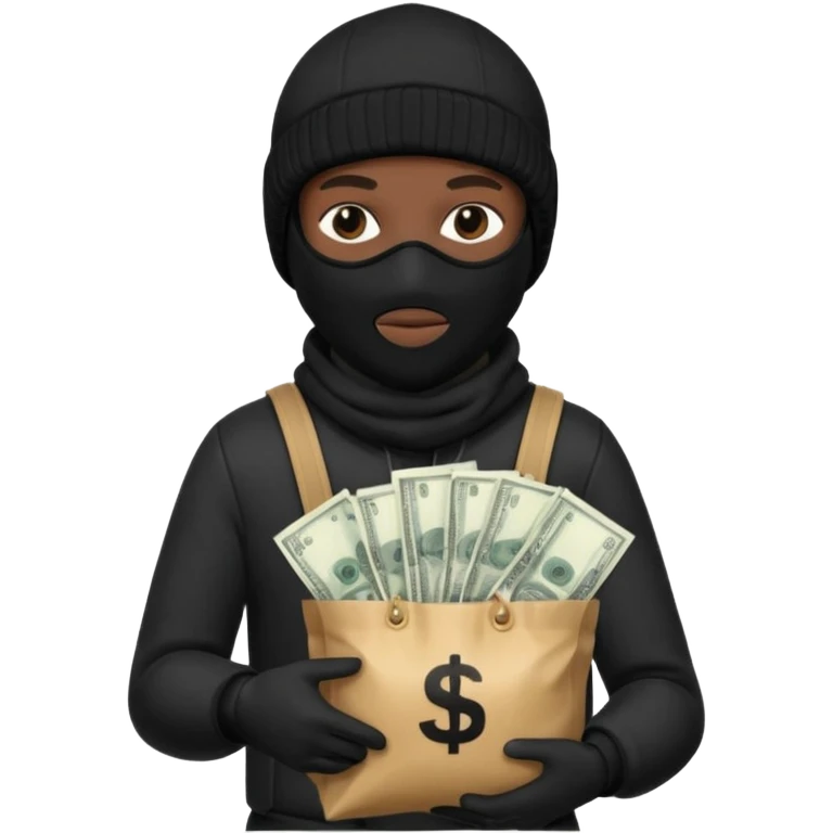 Black Ski mask holding bags of money with  skin color black emoji
