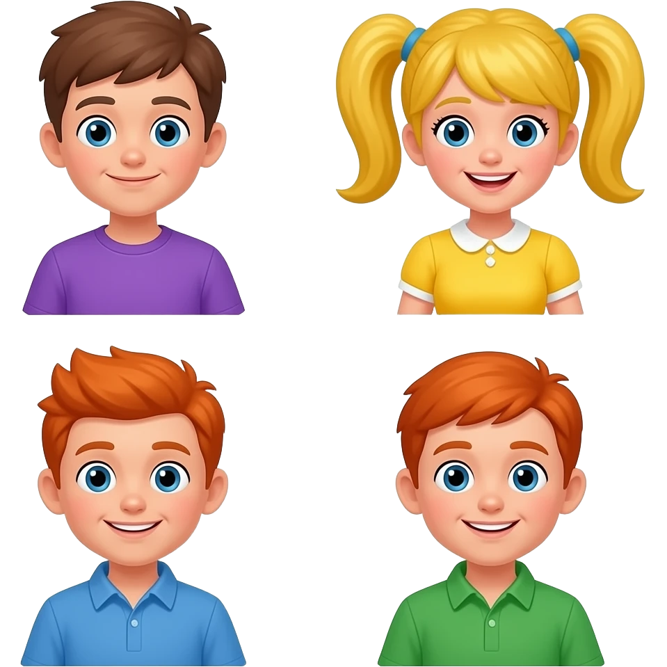 bingo at the party one boy with purple shirt and one girl with yellow hair upper Ponytails and yellow dress and one boy orange hair and green Shirt having a Party emoji
