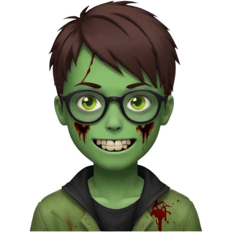 Zombie emo boy, green skin and brown hair, black glasses and a scary smile, scars and blood under eyes emoji