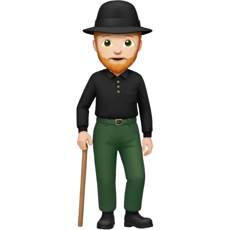 גבר זקן ג'ינג'י מלא כובע שחור הפוך חולמה שחורה ומכנסיים ירוקות ארוכות מבצע צעידה במקום  emoji